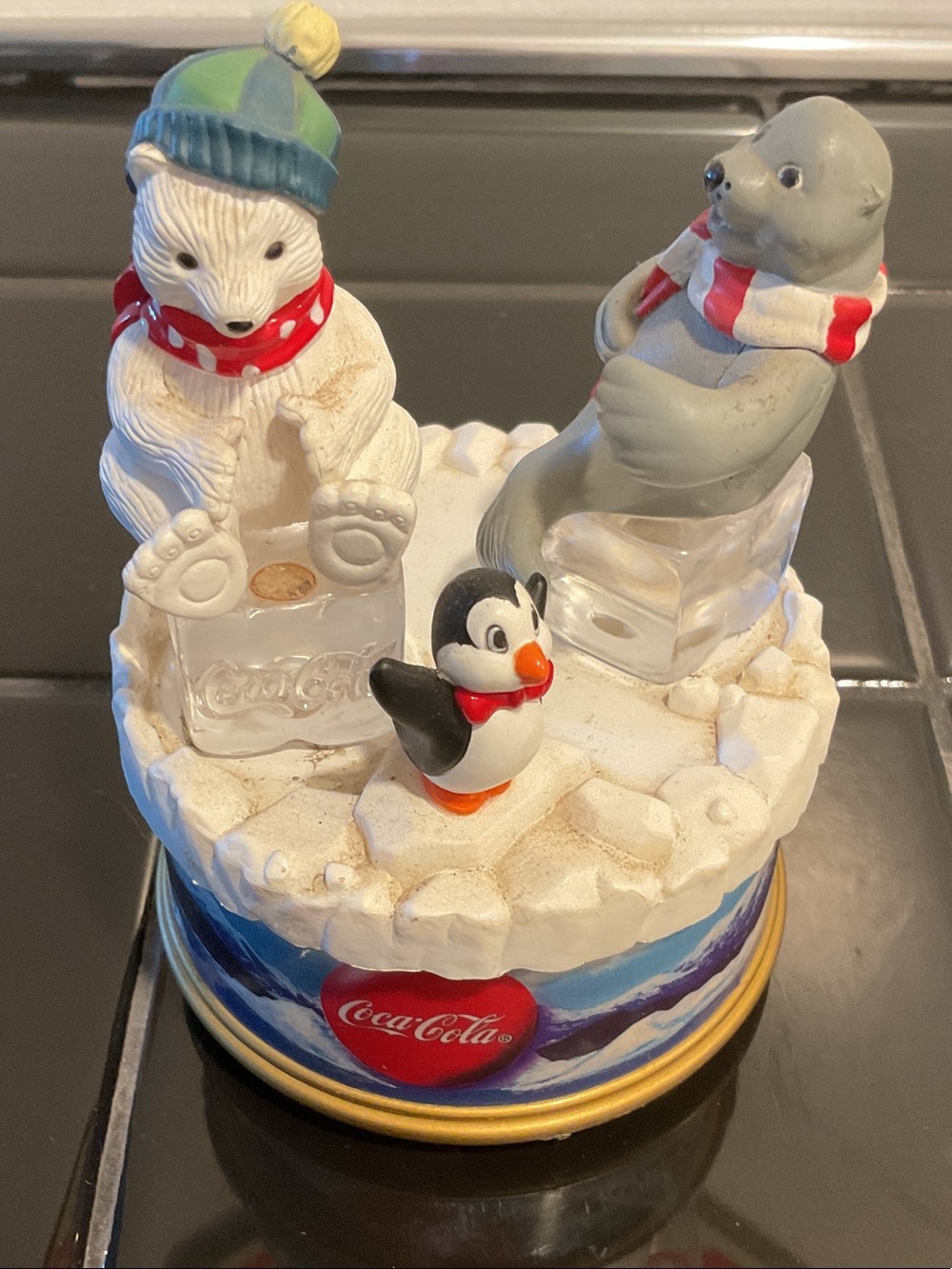 Coca Cola White Polar Bear, Gray Seal & Black Penguin Figurine plays music.